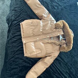 Women's Tan Puffer Jacket with Faux Fur Trim